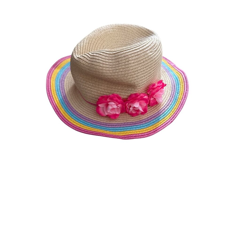 Gymboree Girls Straw Hat With Rainbow Trim & Pink Flowers Size 6-8 Paper/Polyest